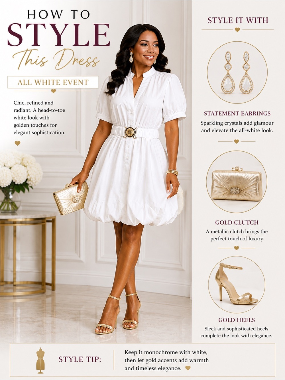 Women’s White Belted Bubble Hem Dress Gold Buckle Short Sleeve Size L 8-10